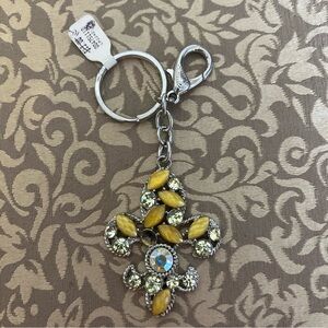 Yellow Rhinestone Beaded Keychain Purse Charm Fleur-De-Lis Saints